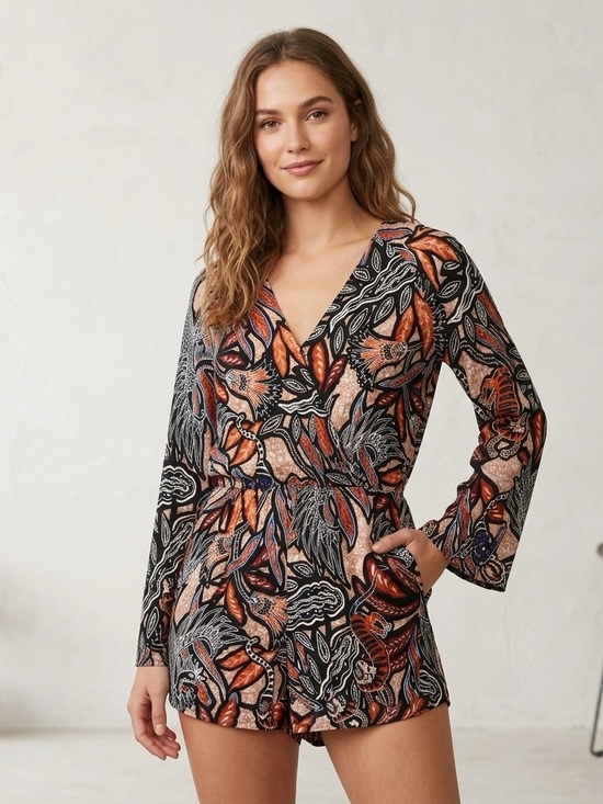 H&M Pants - Vibrant Leaf Print Long Sleeve Romper in Black & Rust